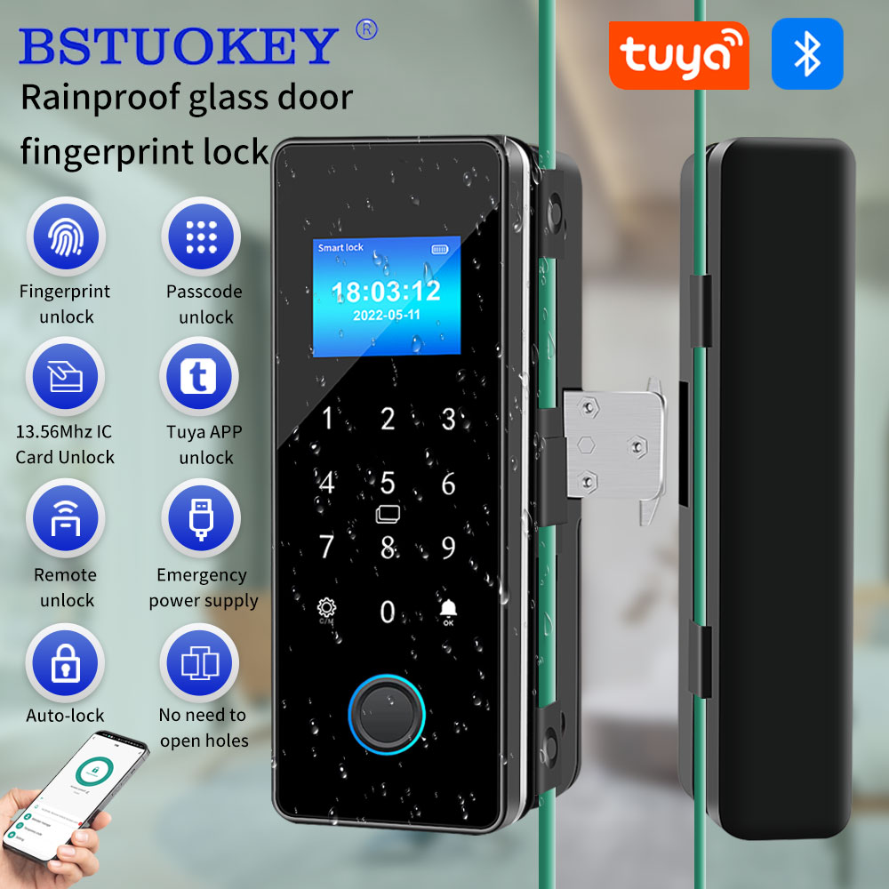 Glass Door Hinge - Waterdichte Tuya APP-bediening Glazen schuifdeurslot Vingerafdruk